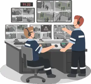 Cartoon of surveillance with two men monitoring multiple screens.
