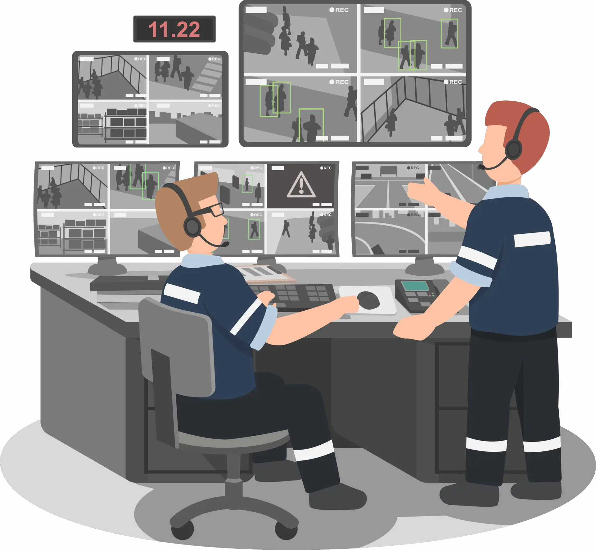 Cartoon of surveillance with two men monitoring multiple screens.