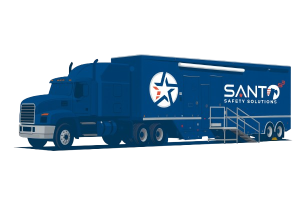 Safety solutions mobile unit, a semi with a trailer labeled Santo Safety Solutions.